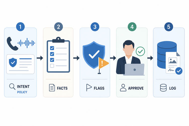 Insurance FNOL voice AI flow from caller intake to adjuster approval gate