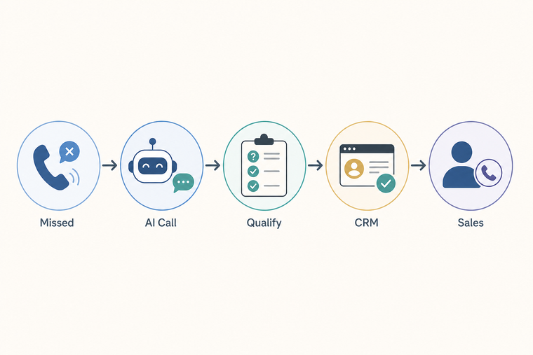 Missed-call recovery flow from callback to CRM handoff