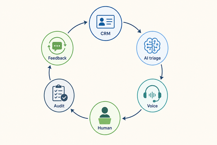 Customer agent operating loop from CRM event to voice escalation, human handoff and audit feedback