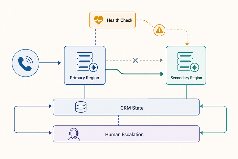 Voice AI disaster recovery flow with primary region, health check, secondary region, CRM state and human escalation