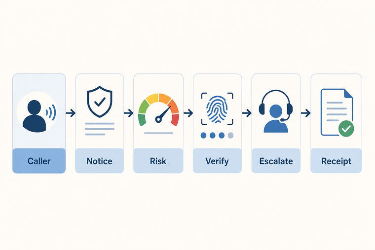 Voice AI fraud defense gate from caller signal to audit receipt
