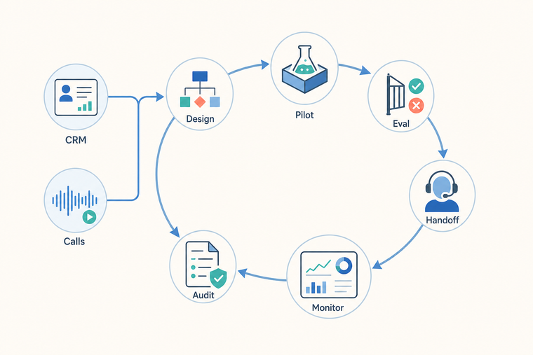Voice AI production readiness loop from CRM intake to evaluation, monitoring and compliance
