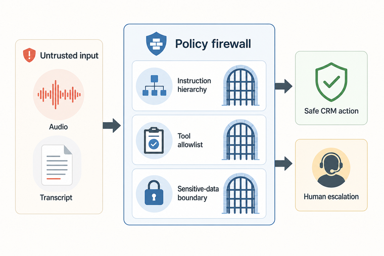 Voice AI prompt injection firewall across transcript, policy and tool gates